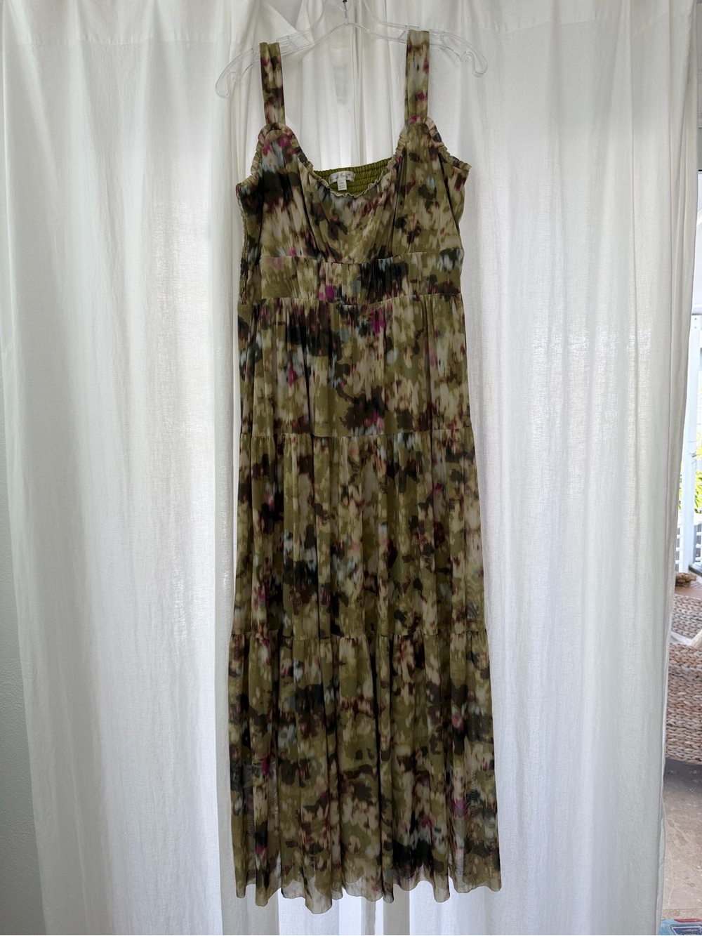 nine britton Olive Green Floral Tiered Maxi Dress with Pink Accents
